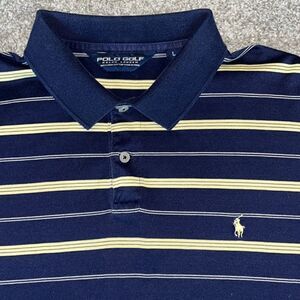 Navy Blue Maize stripe lightly worn Polo Ralph Lauren Pony golf polo shirt L